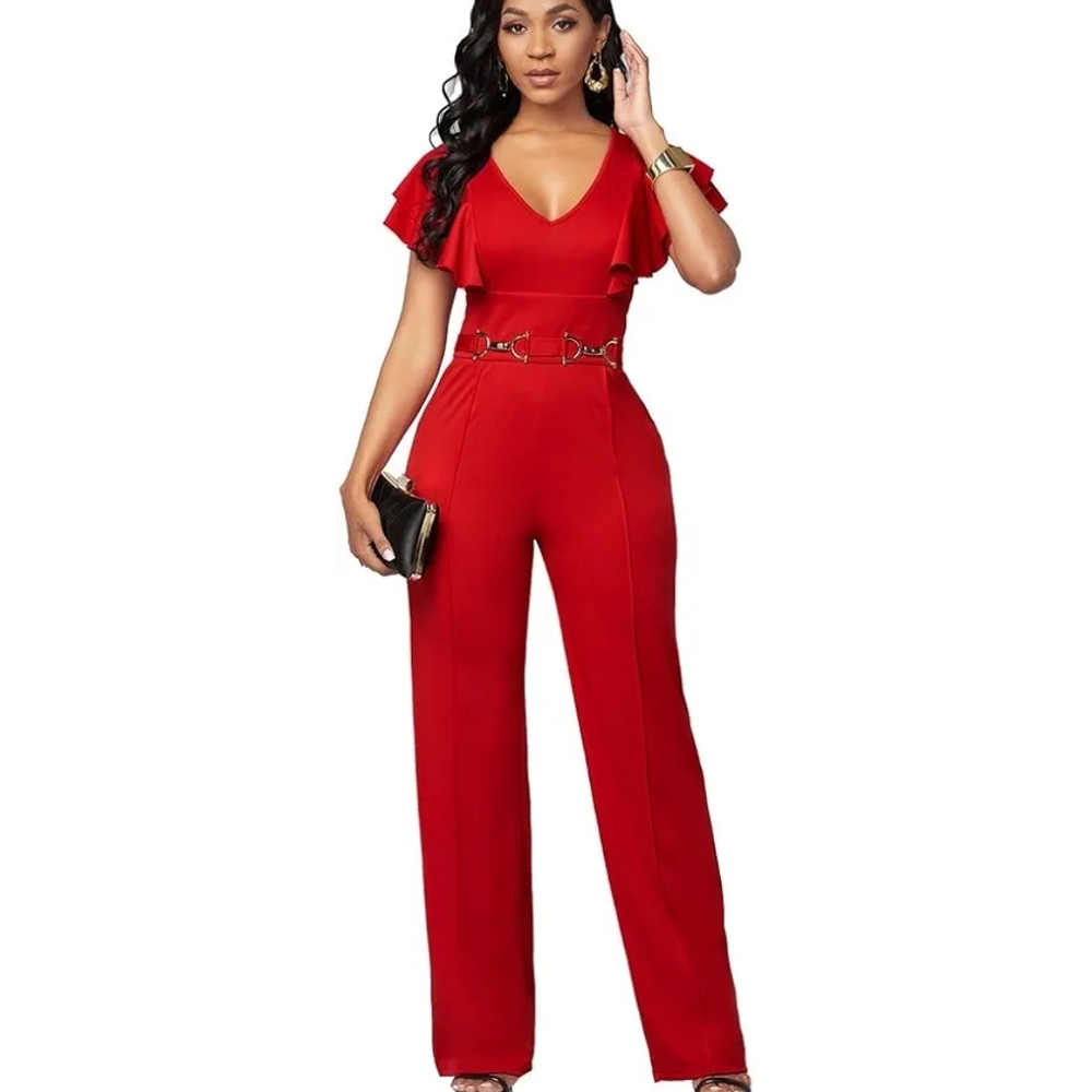 Chic Red Jumpsuit with Ruffle Sleeves
